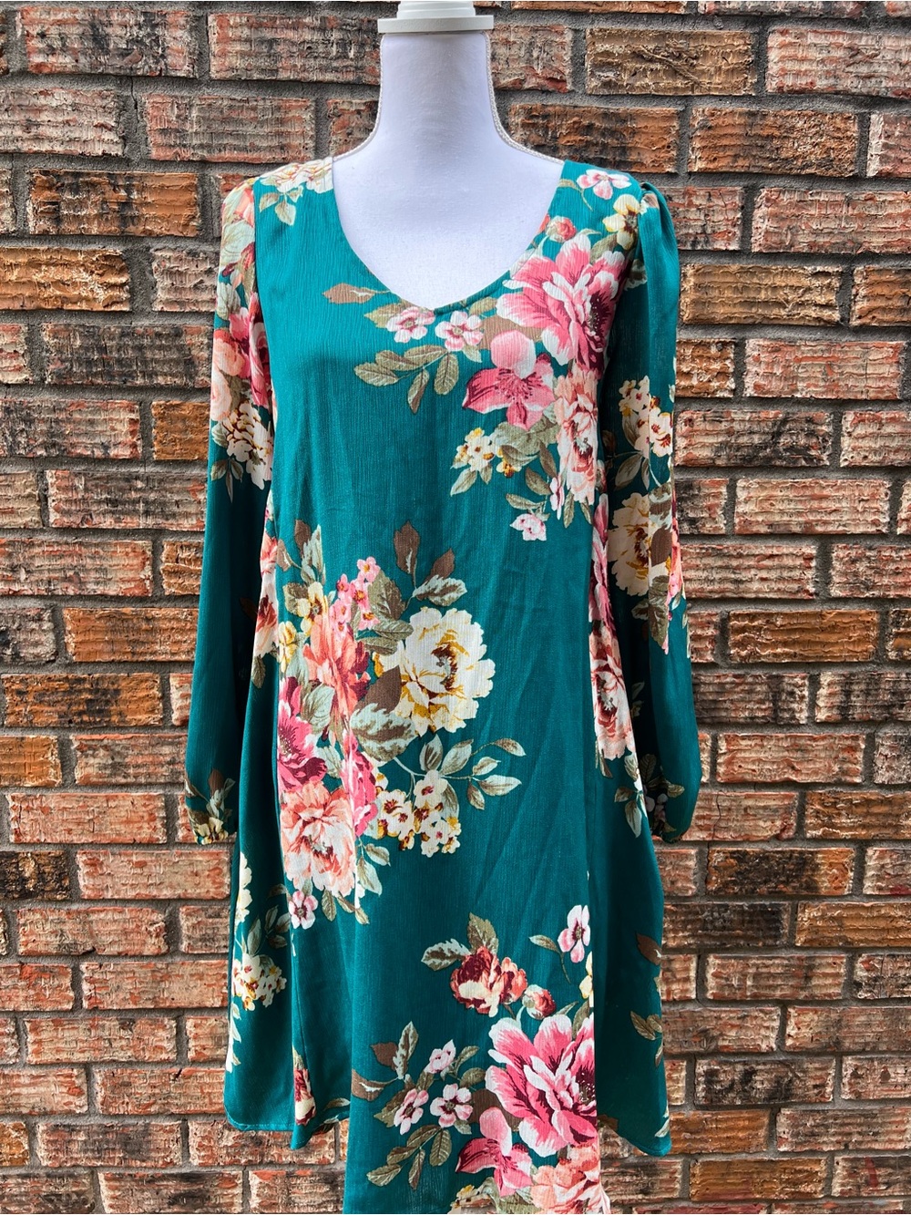 Paisley Ray Teal Floral V-Neck Mini Dress with pockets Large